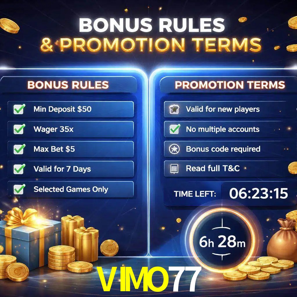 Reglas de promoción VIMO77 y condiciones de bonos explicadas visualmente