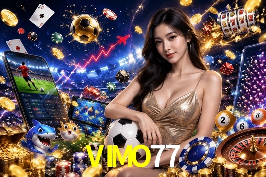 Una escena digital vívida inspirada en casino con VIMO77 mostrado prominentemente, luces brillantes, fichas, cartas y acentos dorados.