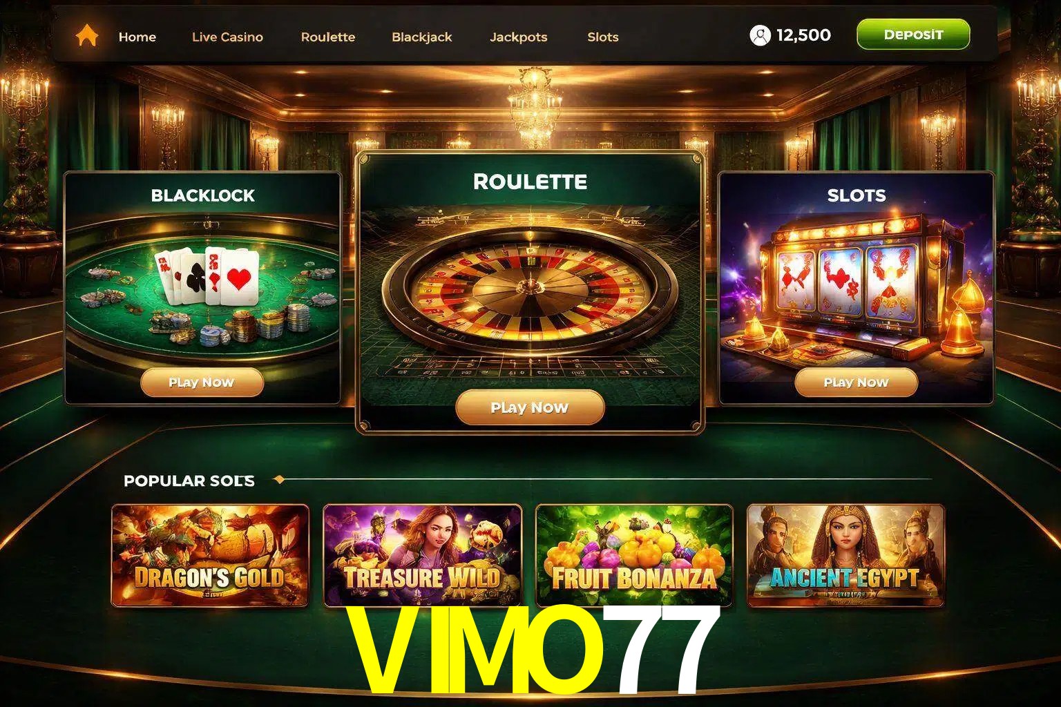 Vista de la plataforma VIMO77 Casino mostrando categorías organizadas de juegos en línea