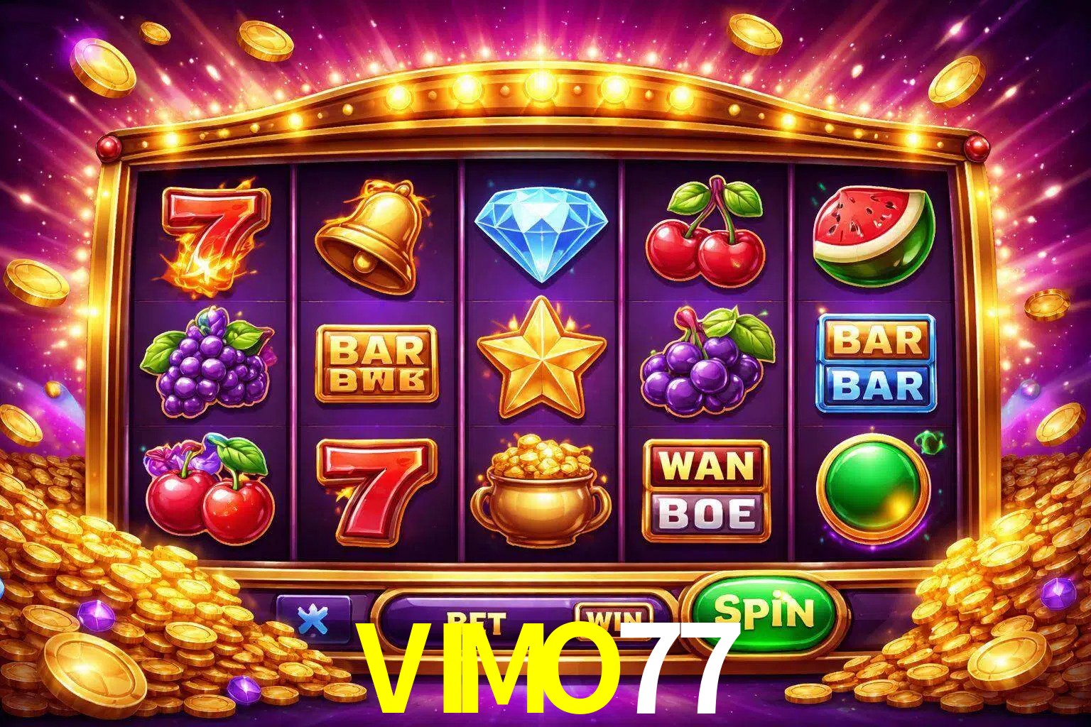 Una interfaz colorida de tragamonedas en línea con símbolos brillantes, monedas y un efecto de victoria celebratoria en VIMO77.