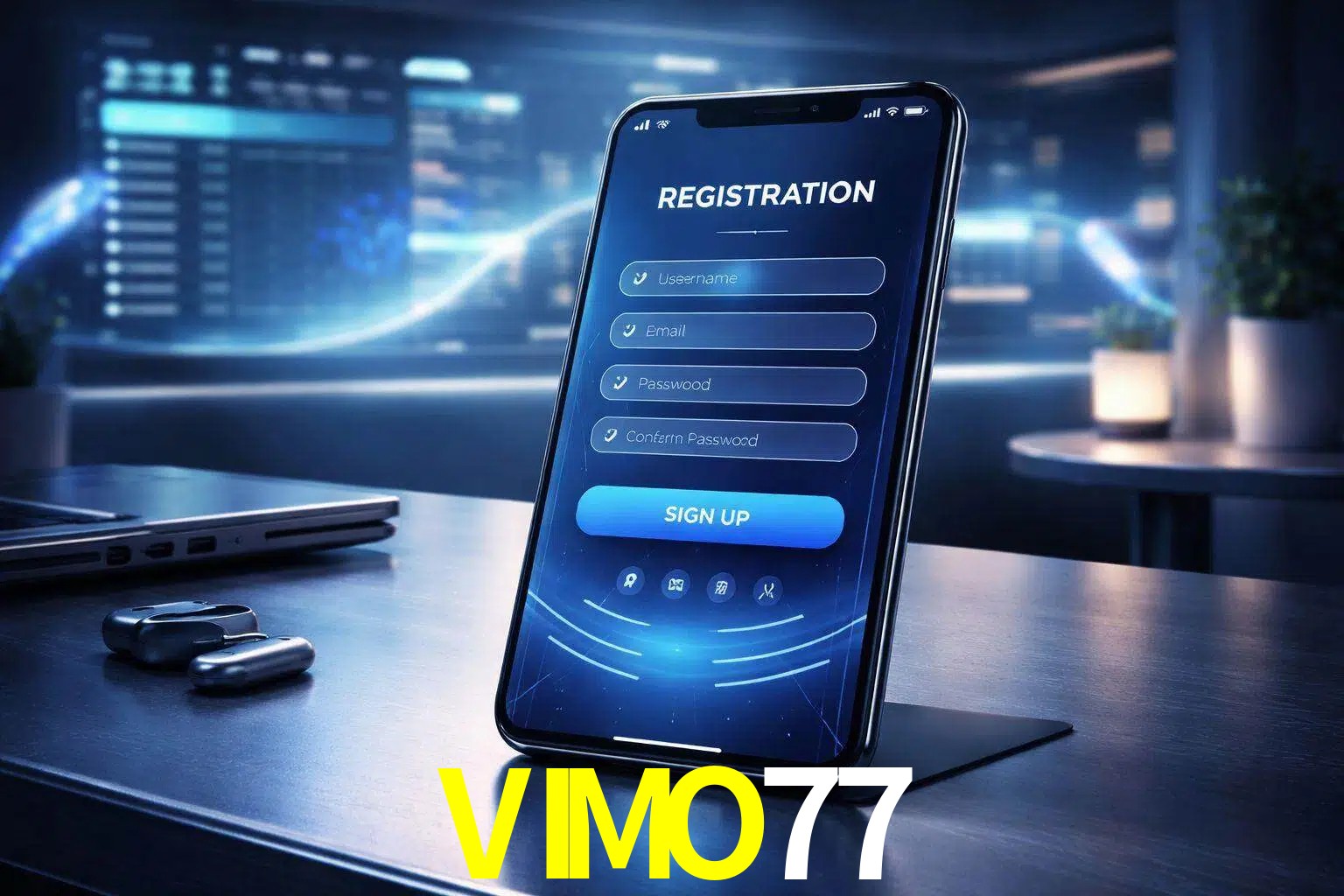 Una interfaz moderna de registro móvil para VIMO77 mostrada en un smartphone con un panel de apuestas elegante.